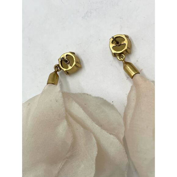Gold Tone Ivory Fabric Tulip Drop Rhinestone Dangle Flowing Earrings - Picture 10 of 10